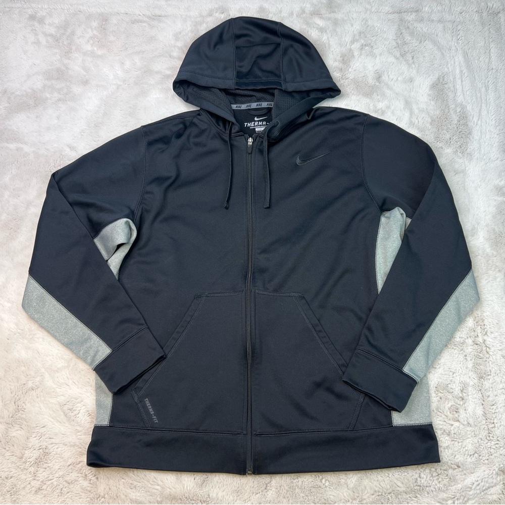 Nike Therma Fit Mens XL Black Gray Hooded Jacket Full Zip Pockets